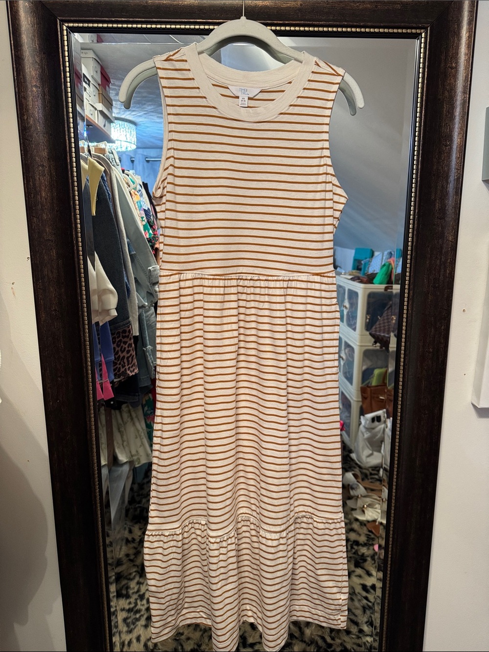 Sleeveless Striped Midi Dress in Cream and Tan